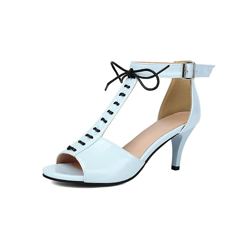 T-Shaped Strap High Slim Heel Peep Toe Hollowed Sexy Sandals Smooth Patent Leather Material Ankle Buckle Women&