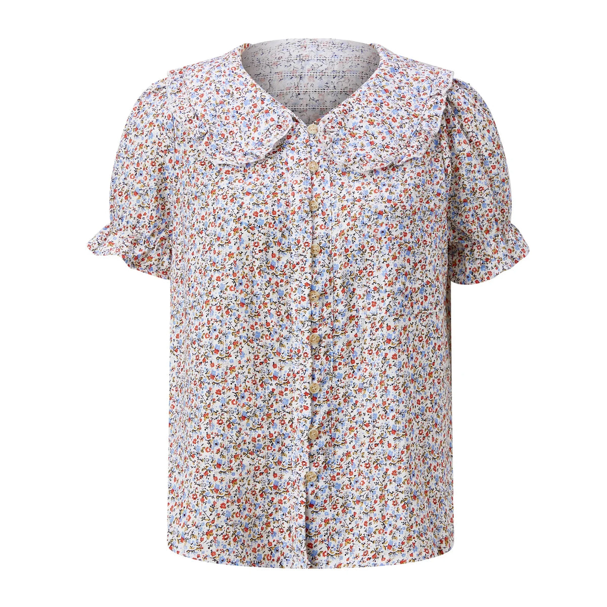 Women Doll Collar Loose Floral/Solid Tops Short Sleeve Button-down Shirts Casual Summer Streetwear