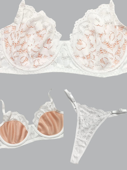 Sexy Mesh Sheer Underwire Push Up Lingerie Set Lace Lingerie Set No Padding White Floweral Bra and Panty Set