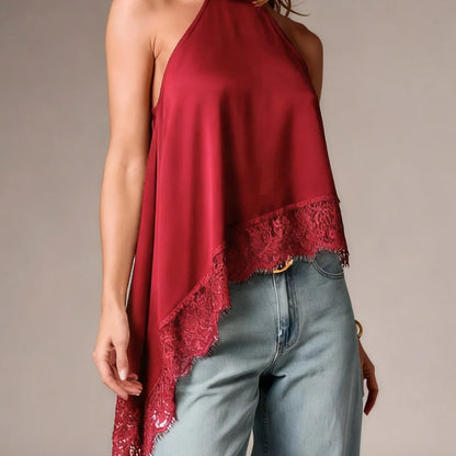 Solid Color Satin Halter Neck Vest for Women Summer Sleeveless Open Back Irregular Lace Hem Tank Tops