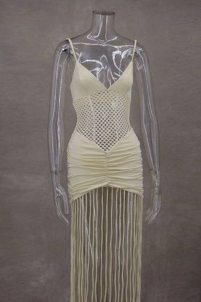 Tassel Hem Splicing Sling Dress Women Sexy Waist Hollow Out Stretch Pleated Bodycon Dresses Female Solid Summer Beach Party Robe