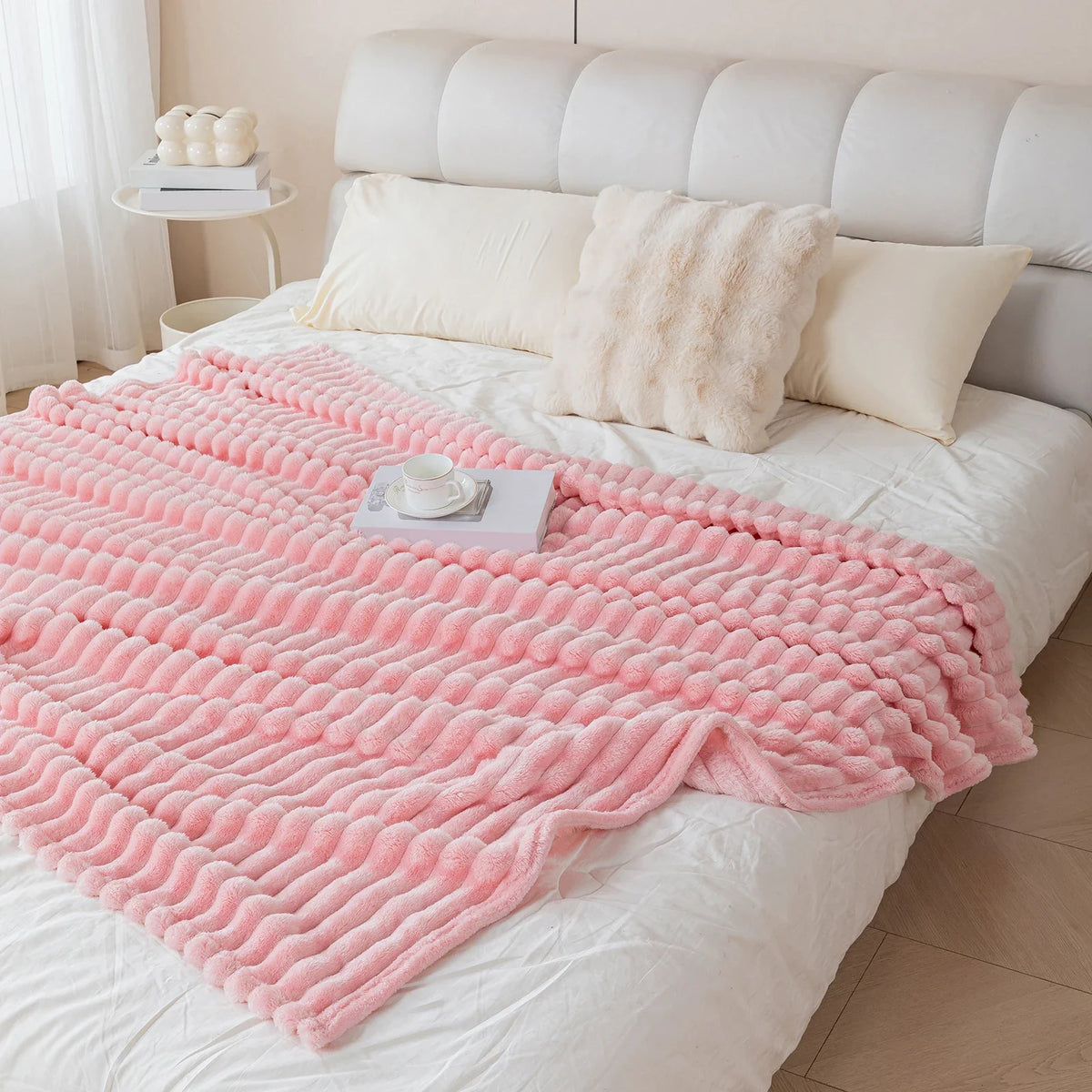 1pc solid color thick wide stripe multifunctional blanket, can be used as bed sheet covering blanket, nap blanket, pet blanket