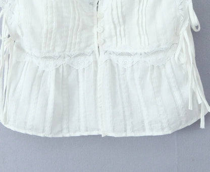 Foridol White Lace Tops for Women Summer Casual Side Tie Up Cotton Camis Top Buttons Casual Beach Vacation New Tops