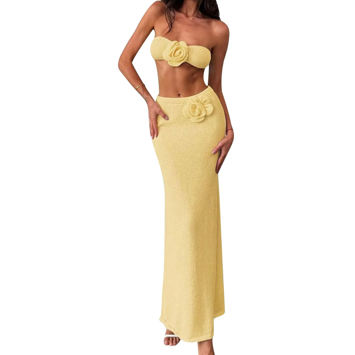 Women’s Two Piece Summer Outfits Solid Color Strapless 3D Flower Tube Tops and Long Skirt Set Knitted Holiday Beachwear