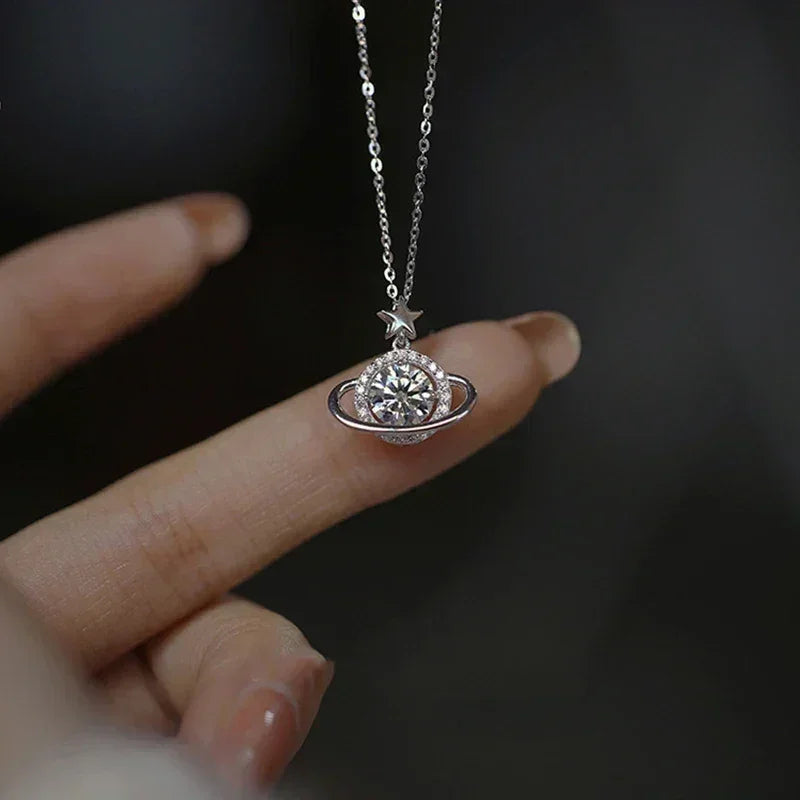 925 Sterling Silver Planet Shape Necklace Simple Charm Shiny Geometric Shape Pendant Birthday Gift for Women Exquisite Jewelry