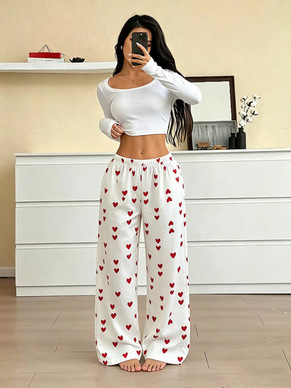 New Summer Women Satin Pajama Pants Cute Heart Pattern Elastic Waist Loose Long Sleepwear Trousers Comfortable Home Lounge Pants