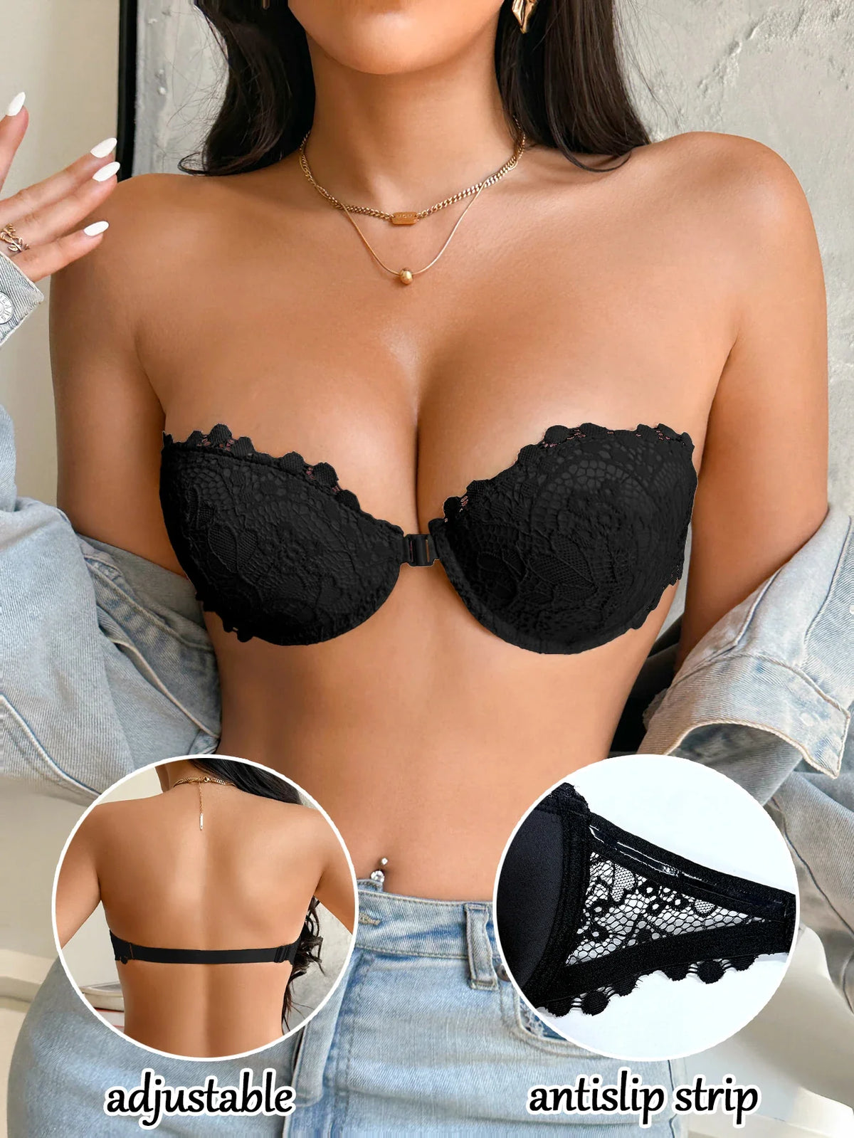 Half Cup Lace Women Strapless Bra Stylish Push Up Underwire Bra Comfortable Front Closure Daily Women&
