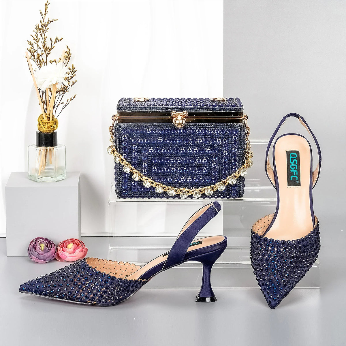 Doershow beautiful Italian blue Shoes And Bag Sets For Evening Party With Stones Italian Leather Handbags Match Bags! 1-39