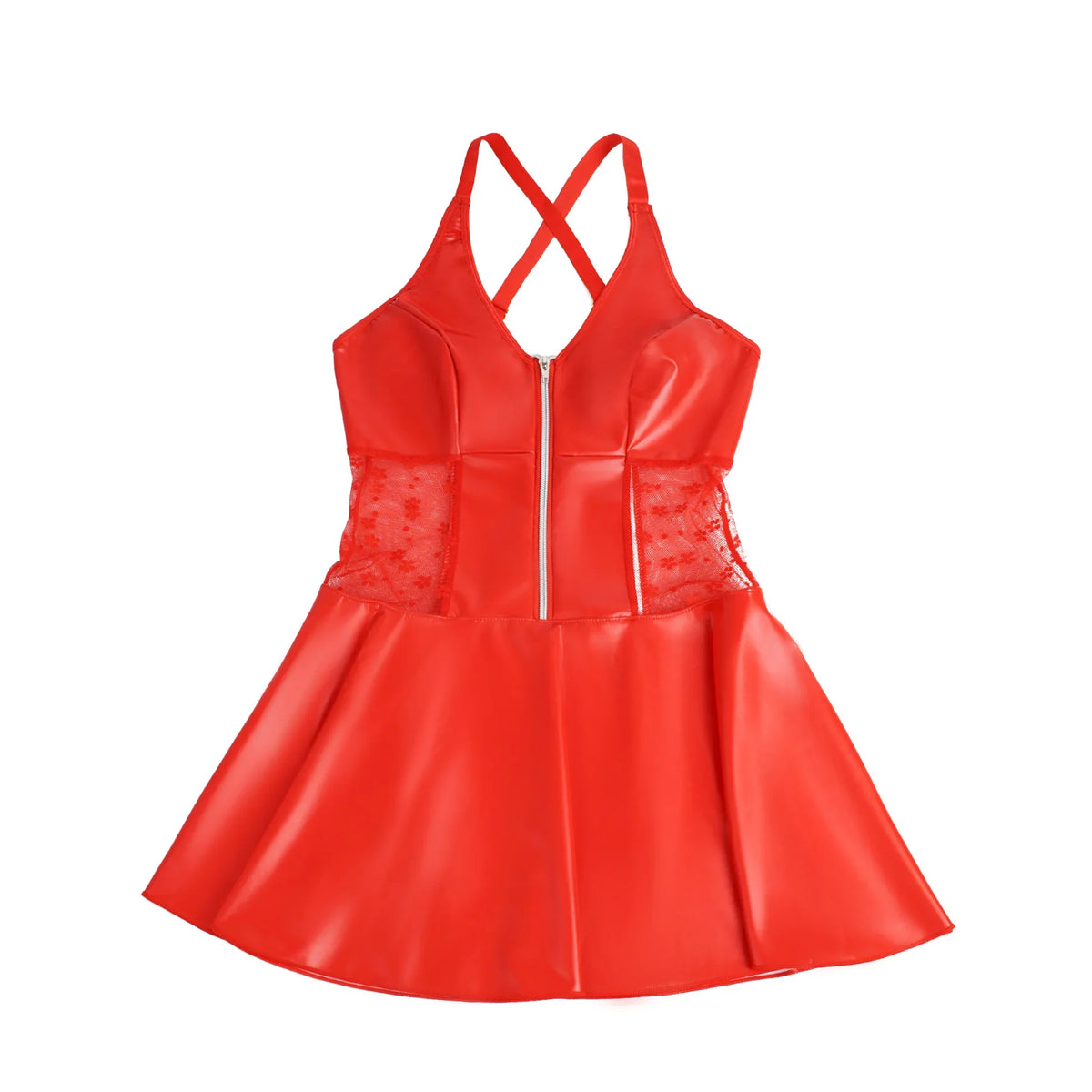 Red PU Leather Lace Babydoll Dress for Women Deep V Backless Suspender Garter Belt Mini Clubwear Plus Size S-2XL