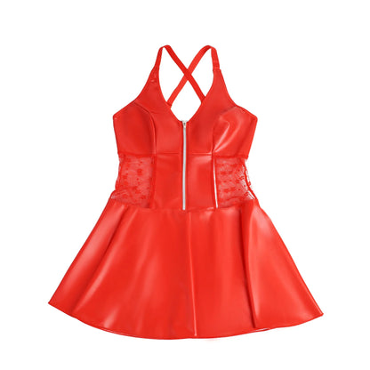 Red PU Leather Lace Babydoll Dress for Women Deep V Backless Suspender Garter Belt Mini Clubwear Plus Size S-2XL