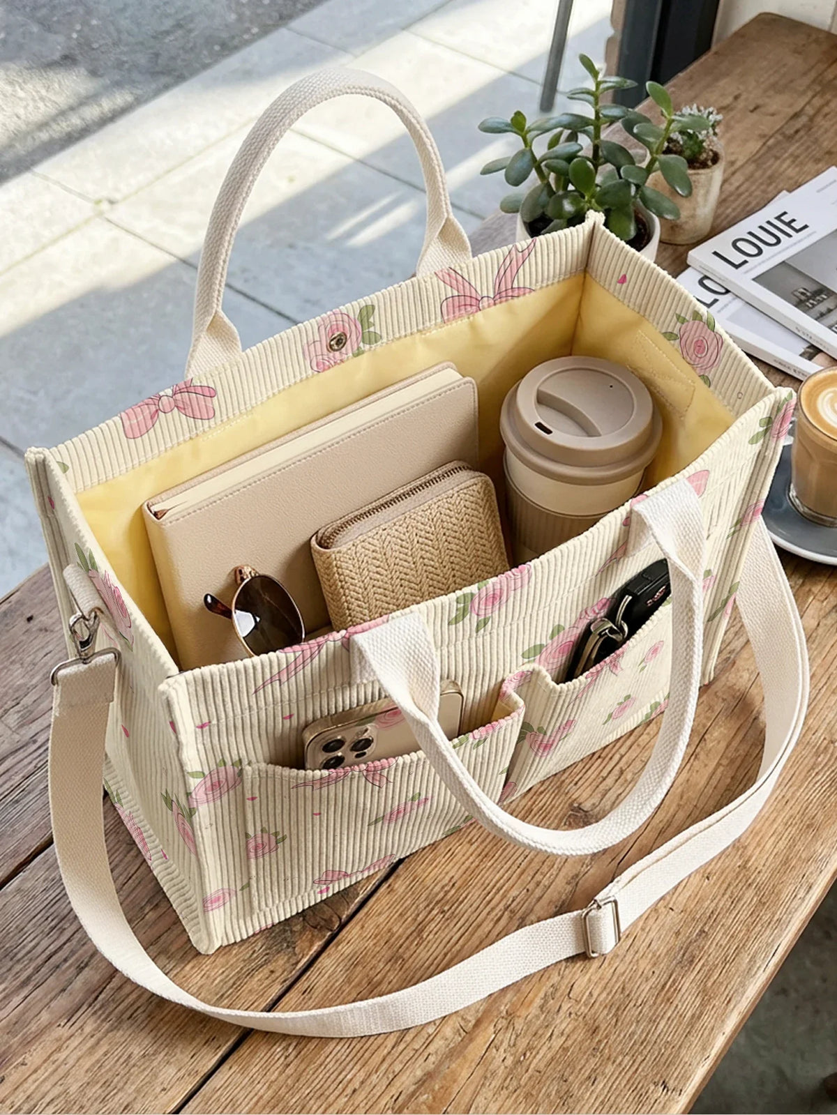 Corduroy Tote Bag Pink Rose Bow Print Large Capacity With Multiple Pockets For Commuter Or Everyday Use