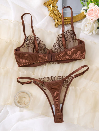 Coffee Brown Floral Embroidery Satin Mesh Lingerie Set Underwire Bra With Matching Thong Women Sexy Intimates ZA825126