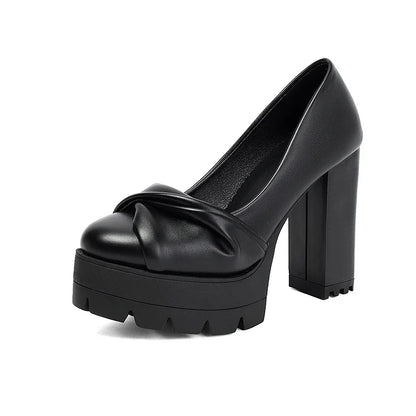 Plus Size Cross Soft PU Upper Platform Ultra Coarse Heel Shallow Breathable High Heels Office Women&