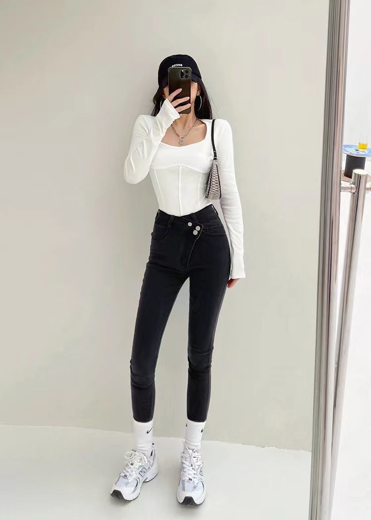 High Waist Cropped Tops Women Fashion Square Neck Long Sleeve T-Shirt Slim Basic Y2K Tees