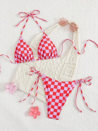 Sexy Pink Plaid Micro Bikini 2026 Women Halter Push Up Bra Tie Side Thong Swimsuit Brazilian Beach Bathing Suit Swimwear Biquini
