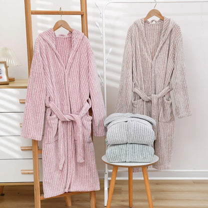 1pcs Unisex Autumn Stripe Bathrobe Hooded Kimono Bath Robe Night Cozy Sleepwear Women Dressing Gown Home Clothes 2025 New