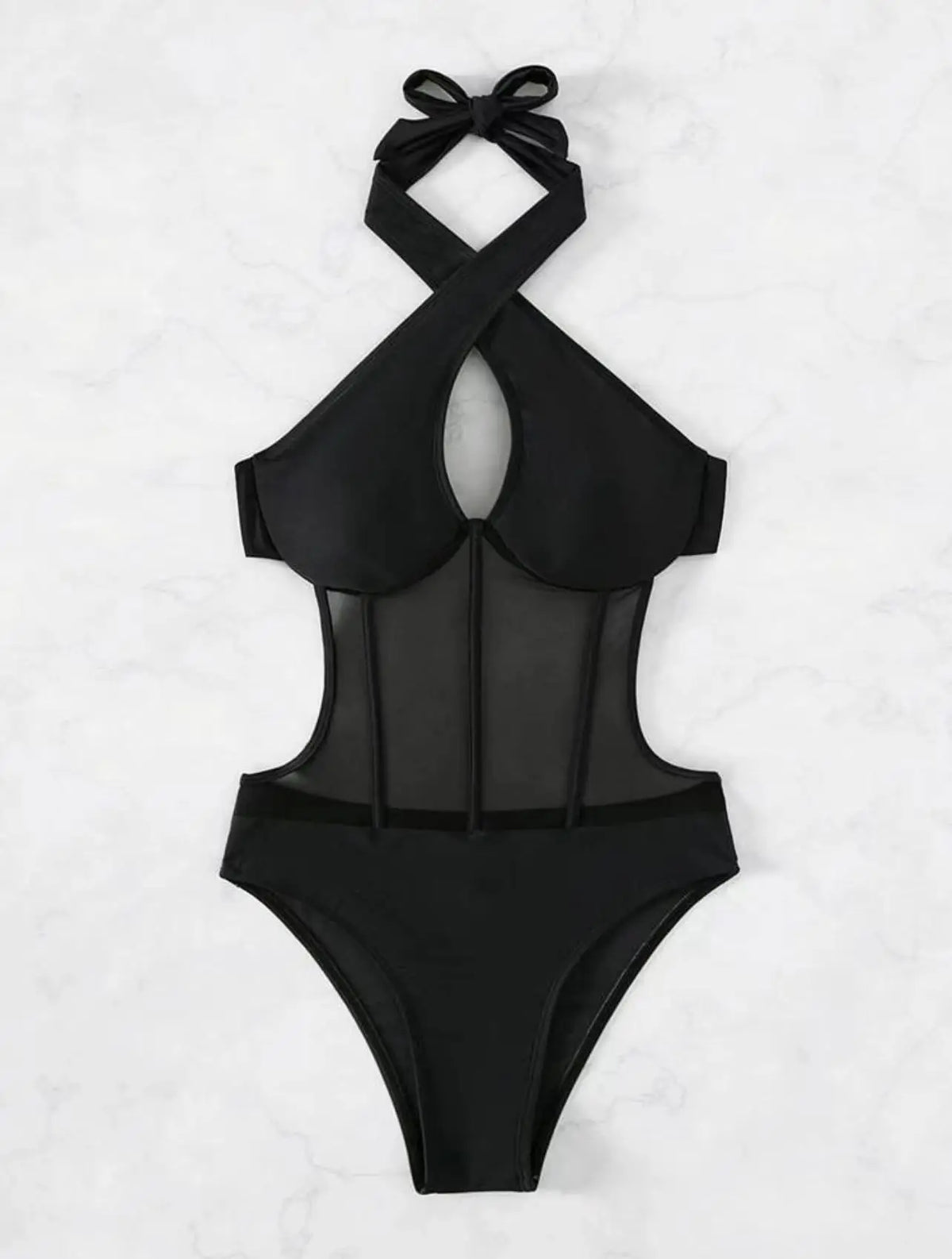 One Piece Bikini Women 2026 Grenadine Solid black Cross Bandage Hollow Out Swimwear Beach Backless Bathing Suit Monokini