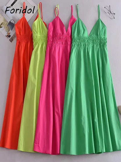 Foridol Elastic Smocking Green Cotton V Neck Summer Women&
