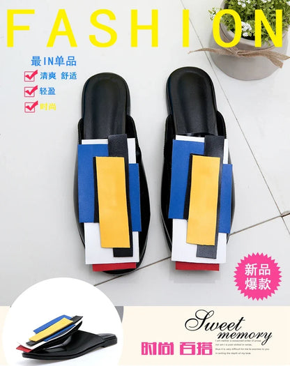 Summer Women Slipper High Block Heels Mules Party Club Ladies Mixed Color White Outdoor Slip-on Square Toe Shoes