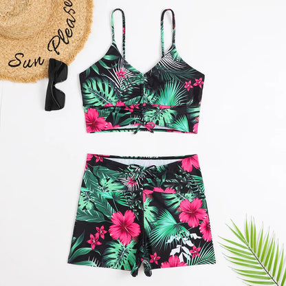High Waist Bikini Swimsuit Women 2024 Floral Print Swim Suits Drawstring Front Shorts Boxers Swimwear Trunks Pool Bathing Suit