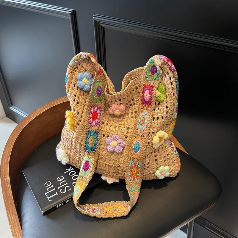 Dawndesslo Boho Crochet Bag Floral Knitted Handbag With Large Capacity