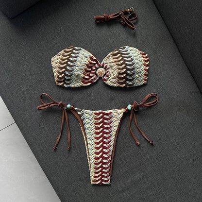Sexy Coffee Striped Micro Bikini 2026 Women Bandeau Metal Shell Push Up Bra Bandage Thong Swimwear Beach Bathing Suit Swimsuit
