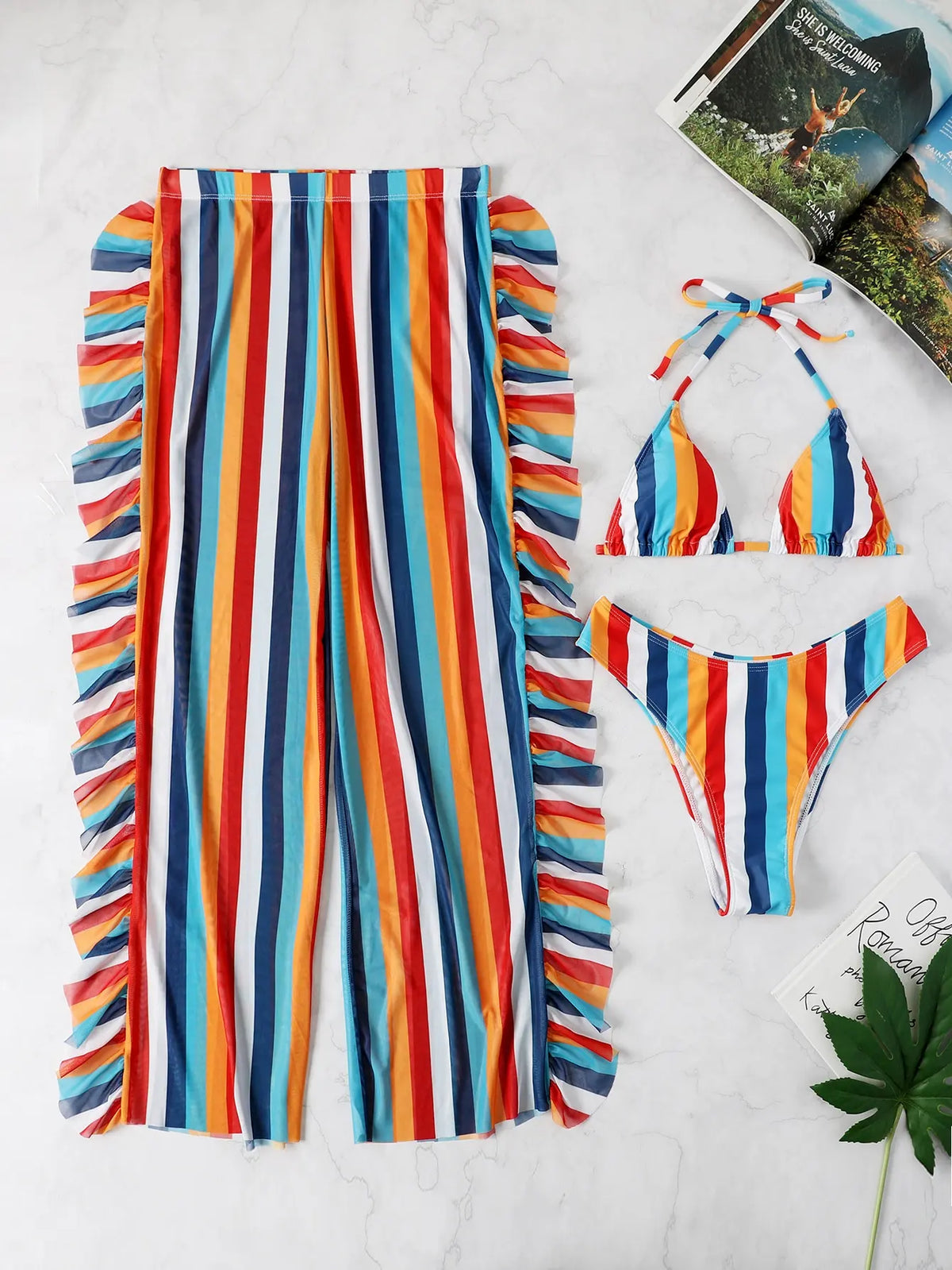 3 Pieces Striped Triangle Bikini Set Swimsuit &amp; Ruffle Pants Swimwear Women 2026 Bathing Suit Female Swimming Summer Beachwear