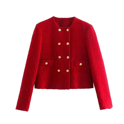Foridol Double Breasted O Neck Short Blazer Skirt Sets Two Pieces Office Ladies Red Winter Thick Cozy Suits Elegant Blazer Top