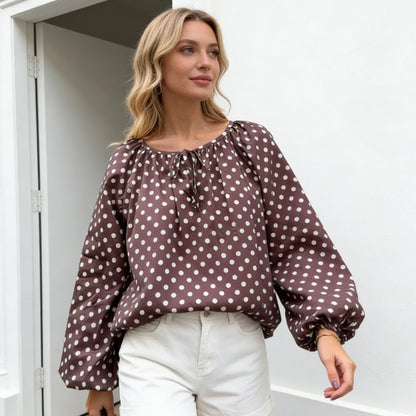 Women Puff Long Sleeve Crew Neck Spring Fall Tops Fashion Dot Print Casual Loose Fit Flowy Blouse