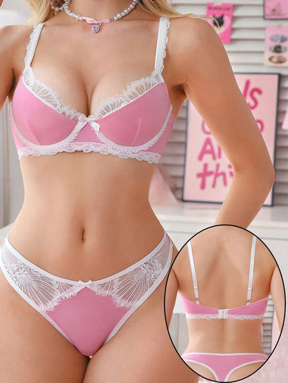 Women Pink Lace Lingerie Set Cute Bow Push Up Bra Panty Suit Adjustable Strap Beauty Back Romantic Intimate Underwear MR3598