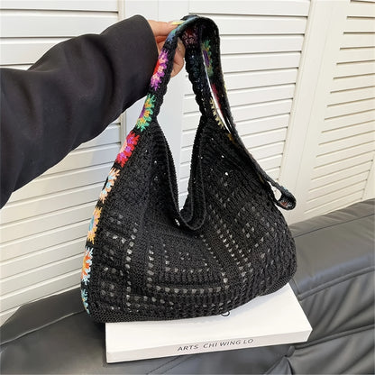 Dawndesslo Boho Crochet Bag Floral Knitted Handbag With Large Capacity