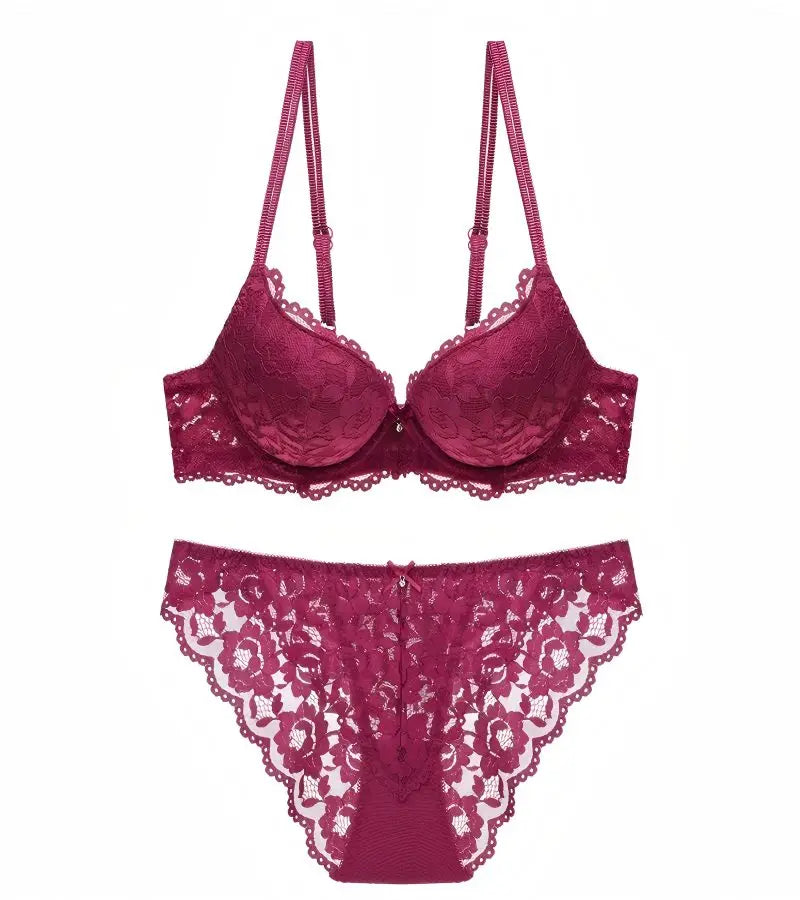 Hollow Lace Floral Sexy lingerie set Bow Padded Push Up women&
