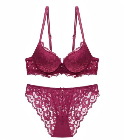 Hollow Lace Floral Sexy lingerie set Bow Padded Push Up women&