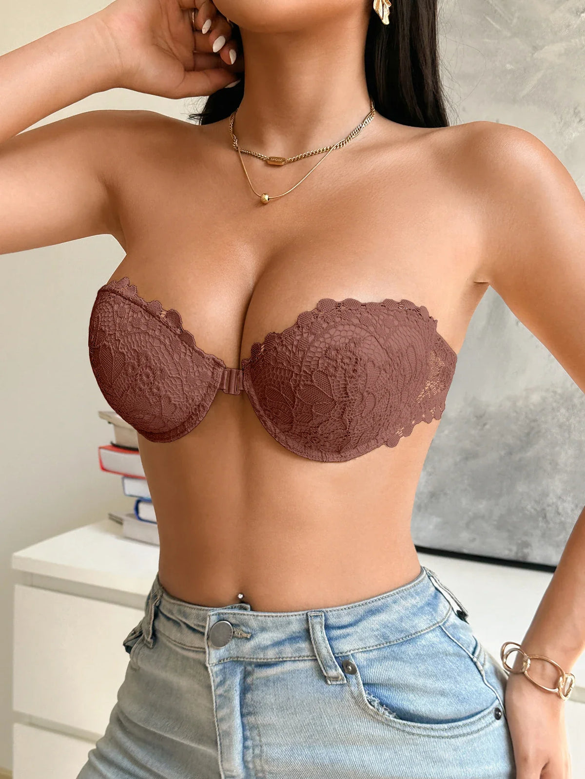 Half Cup Lace Women Strapless Bra Stylish Push Up Underwire Bra Comfortable Front Closure Daily Women&