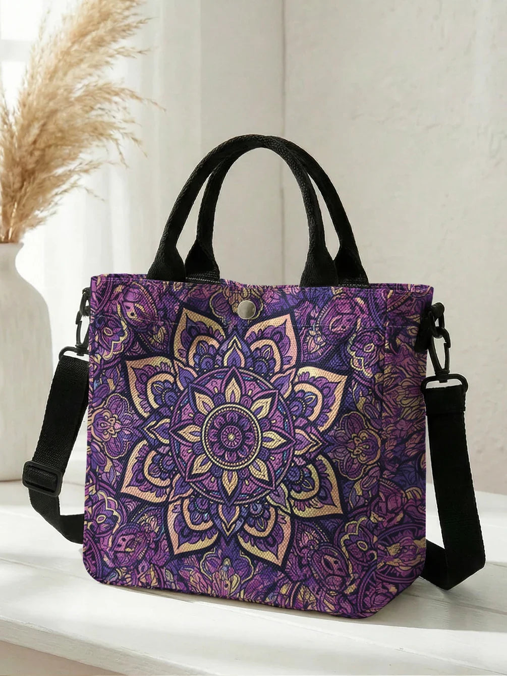 Purple Mandala Canvas Tote Bag With Detachable Crossbody Strap