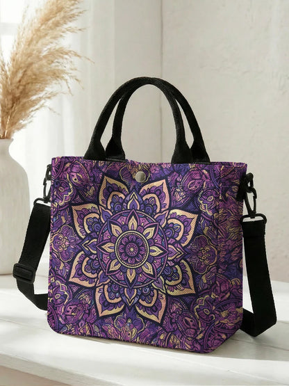Purple Mandala Canvas Tote Bag With Detachable Crossbody Strap