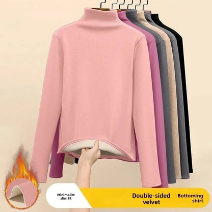 Women Thermal Underwear Winter Thickened and Flannel Bottom Shirt Solid Long Sleeve Basic T-Shirt Heating Fiber Pullovers