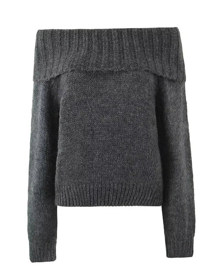 Foridol Slash Neck Dark Grey Mohair Women Sweater Pullover Femme Casual Loose Trendy Style Autumn Winter Knitted Pullover