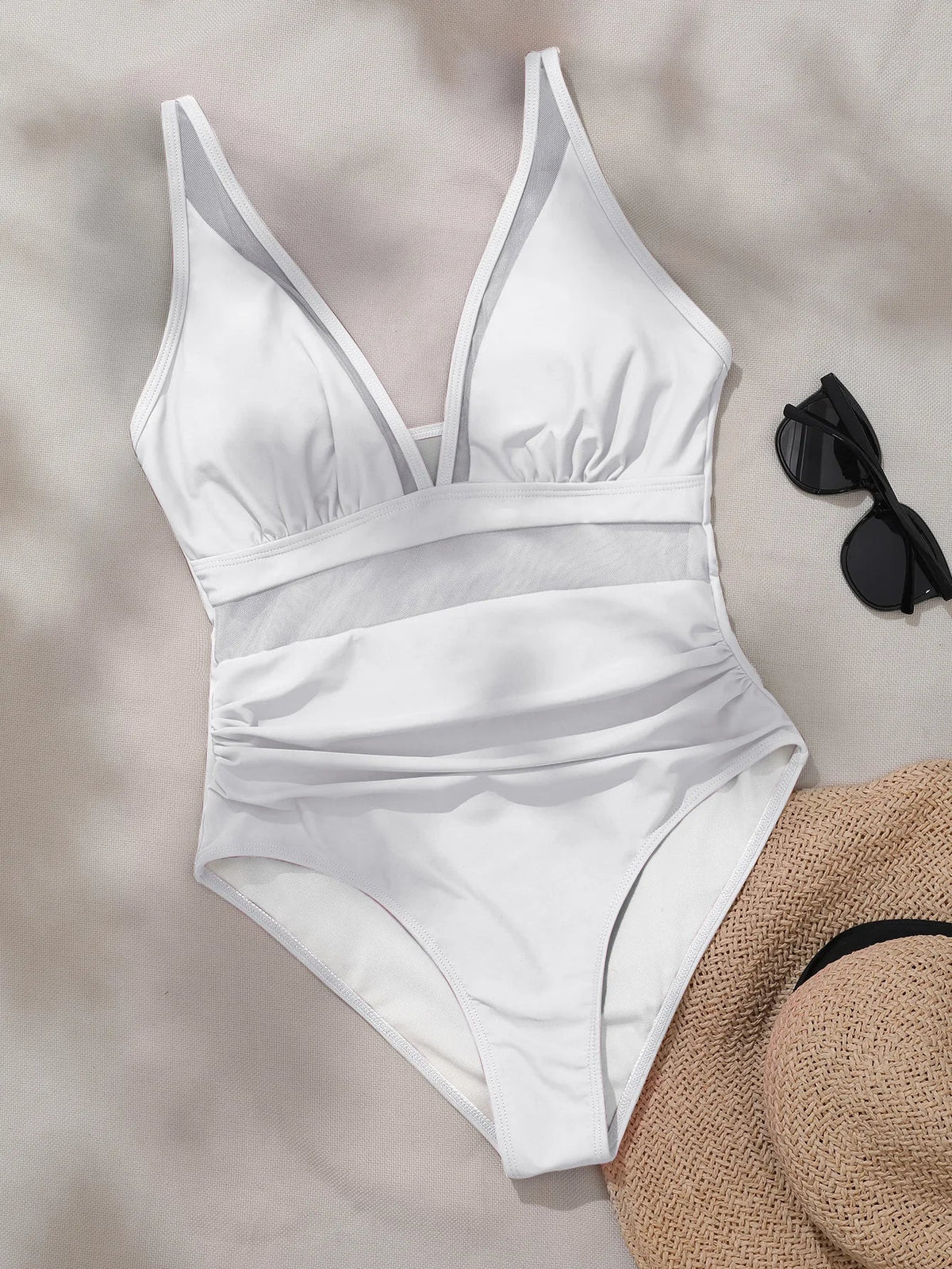 Solid Color One Piece Bikini for Women,sexy Deep-V Neck Suspender Backless Swimsuit,high Waist Translucent Striped Mesh Swimwear
