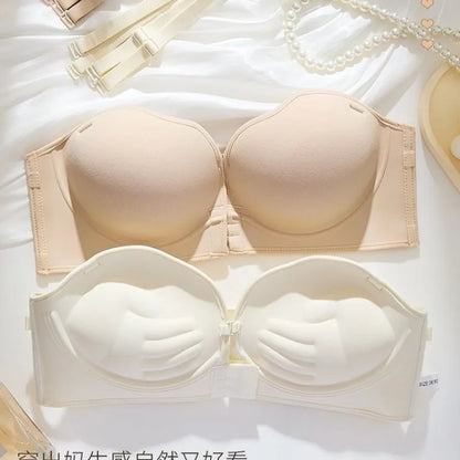 12CM Extreme Push Up Strapless Bra, Front Closure Anti-Slip Invisible Hand Cup for Small Chest, Seamless Adhesive T-Shirt Bra