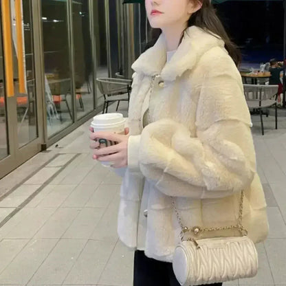 White Faux Fur Jacket – Vegan Leather Trimmed Cuffs | S-XXL