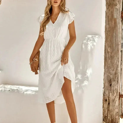 Women V Neck Ruffle Sleeve Summer Dress - Femstylo