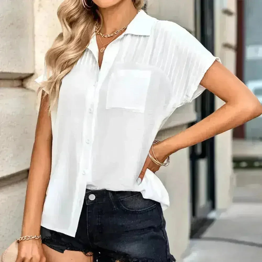 Pleated Short Sleeve Shirt - Women&