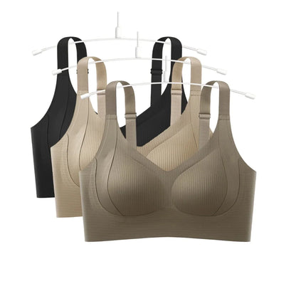 3Pcs/Set Women Seamless V-Neck Bra Plus Size Support Ribbed Bras Sexy Lingerie Detachable Bust Pads Comfort Intimates M-4XL