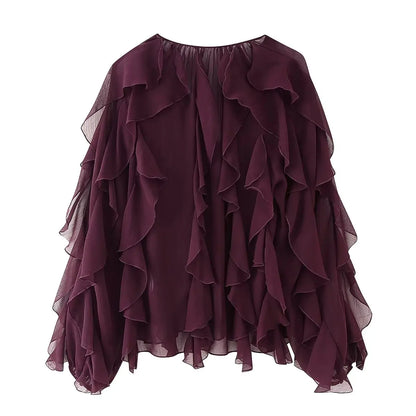Foridol Ruffles Tiered V Neck Blouse Women Summer Spring Long Sleeve Casual Blusa Chiffon Blouses Buttons New in Female Top 2025