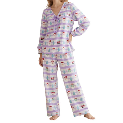 Women Christmas Pajamas Long Sleeve Tie-up V Neck Tops and Pants Loose Fall Winter Two Piece Loungewear