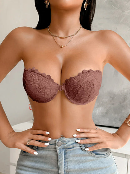 Half Cup Lace Women Strapless Bra Stylish Push Up Underwire Bra Comfortable Front Closure Daily Women&