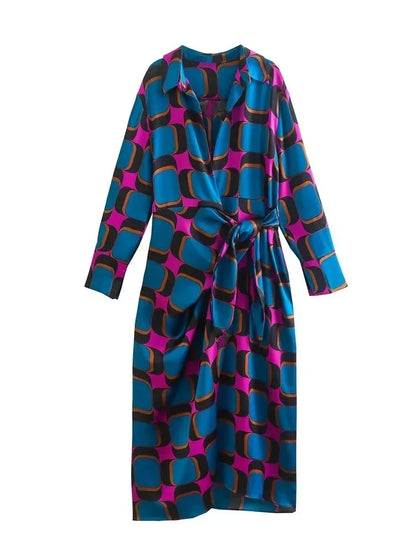 Foridol Side Split Women Fashion Geometric Print Blue New In Shirt Wrap Dress Women Long Sleeve Bowknot Maxi Long Vestido Robe