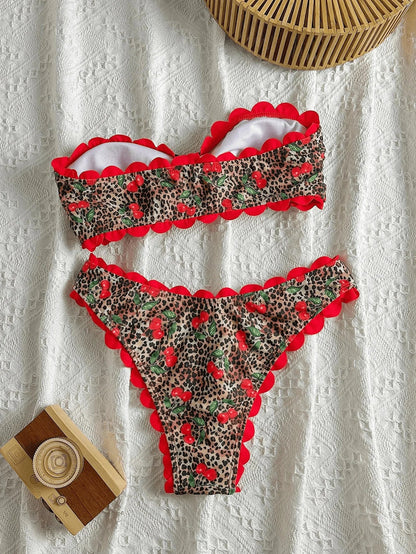 Sexy Bandeau Bikini 2026 Women Red Leopard Print Front Bow Push Up Bra High Waist Swimsuit Beach Bathing Suit Vacation Swimwear
