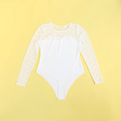Black Lace Long Sleeve Open Crotch Bodysuit for Women Sheer Mesh Teddy Lingerie Push Up Swimwear Fabric Sexy Jumpsuit